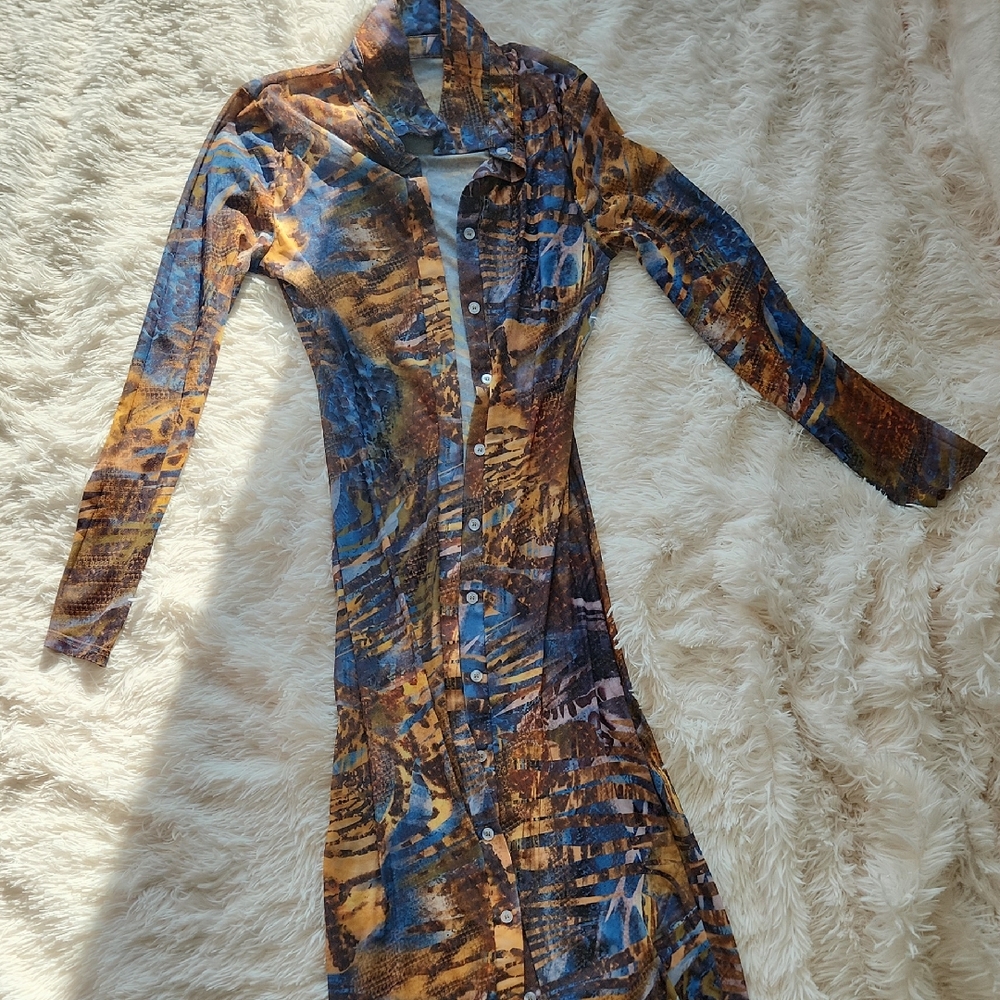 Blue and Brown Long Sleeve Cowl Neck Bodycon Dress